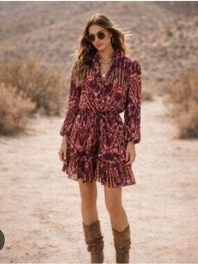 House of Harlow Magenta & Gold Printed Boho Tiered Dress Size 2